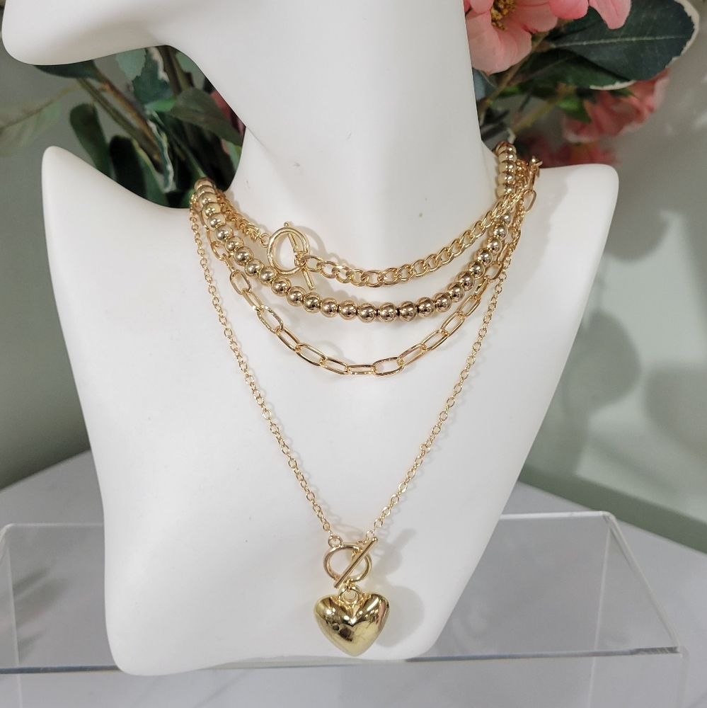 18kgp Layered Chains Adjustable +Toggle Chain Chunky Heart Charm Silver Or Gold